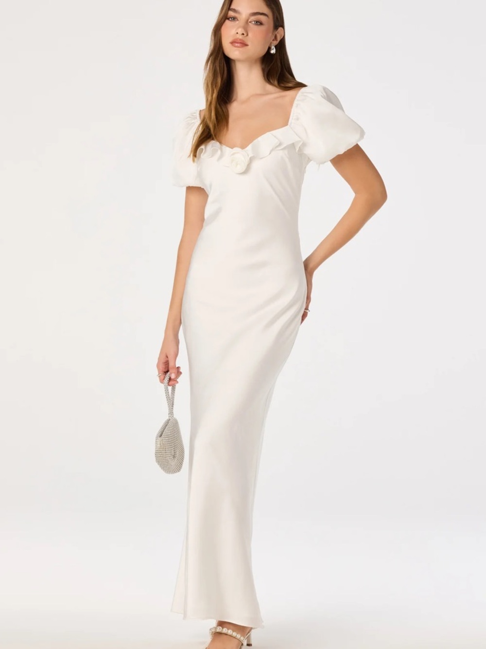 Astr White Puff-Sleeve Midi Dress with Rosette
